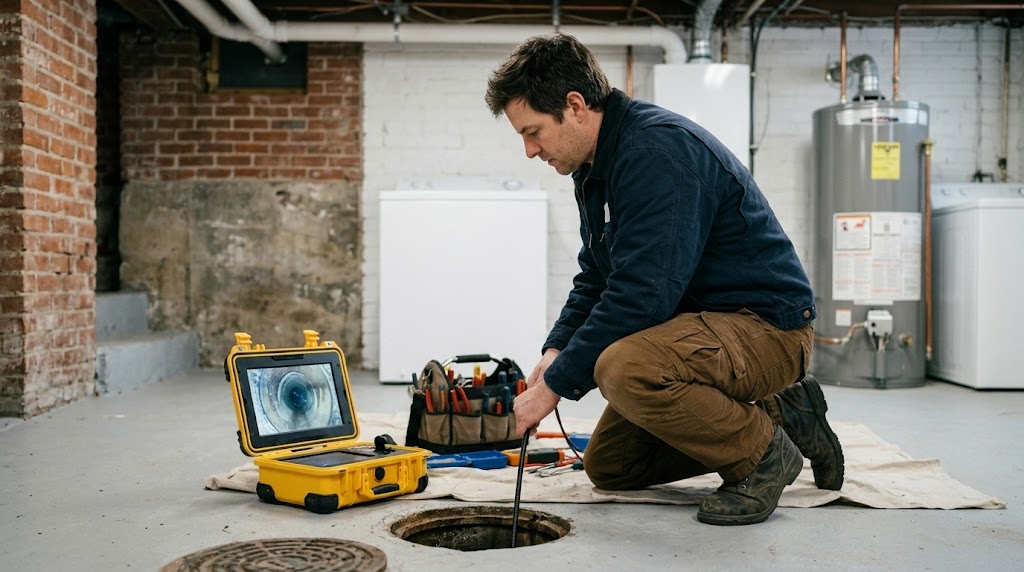 Sewer line repair in Crotona Park East Bronx showing sewer inspection camera and underground pipe repairs