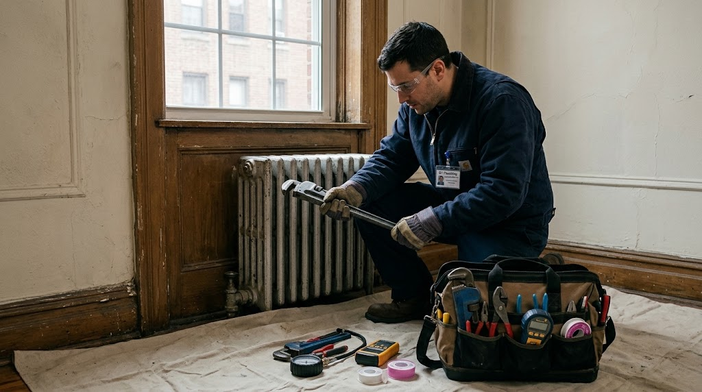 Radiator repair in Crotona Park East Bronx showing steam radiator valve and air vent maintenance