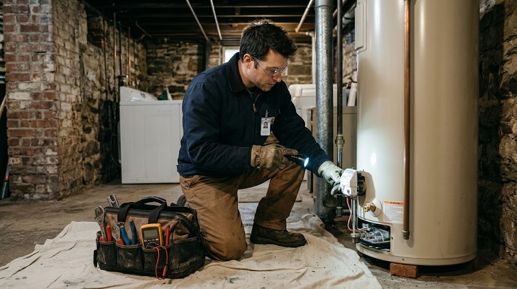 Water heater repair in Crotona Park East Bronx showing residential domestic hot water tank and burner
